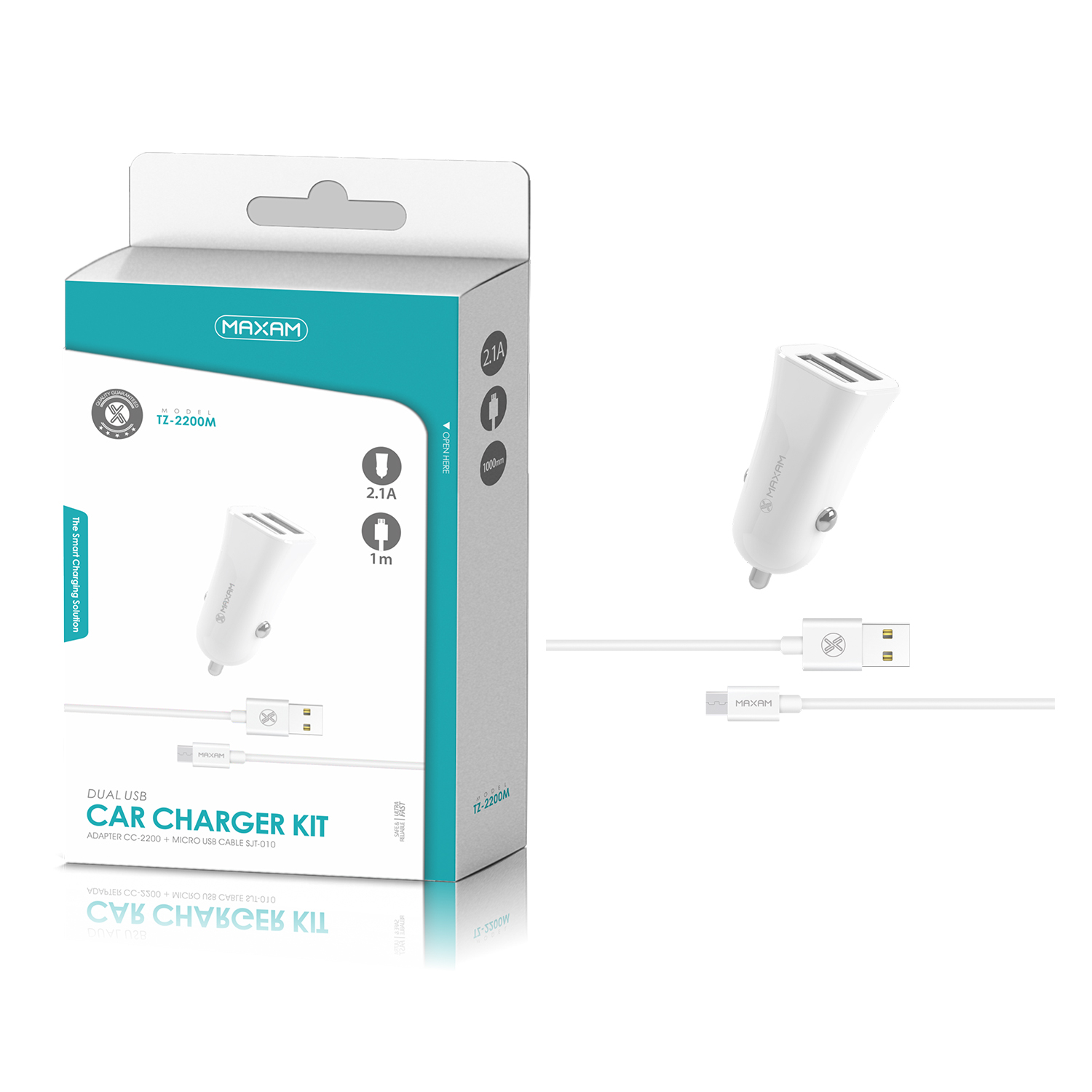 TZ2200M White 2USB/2.1A 1M MICRO USB CAR CHARGER PACK maxam