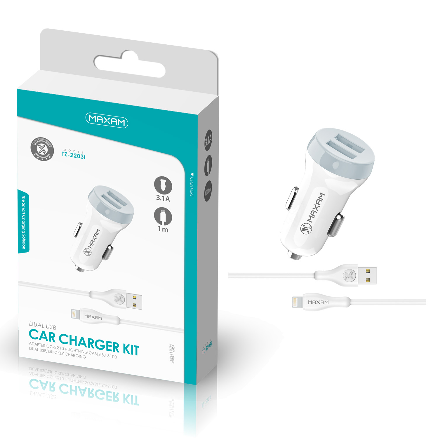 TZ2203I White&Gray 2USB/3.1A 1M IP USB CABLE CAR CHARGER PACK maxam
