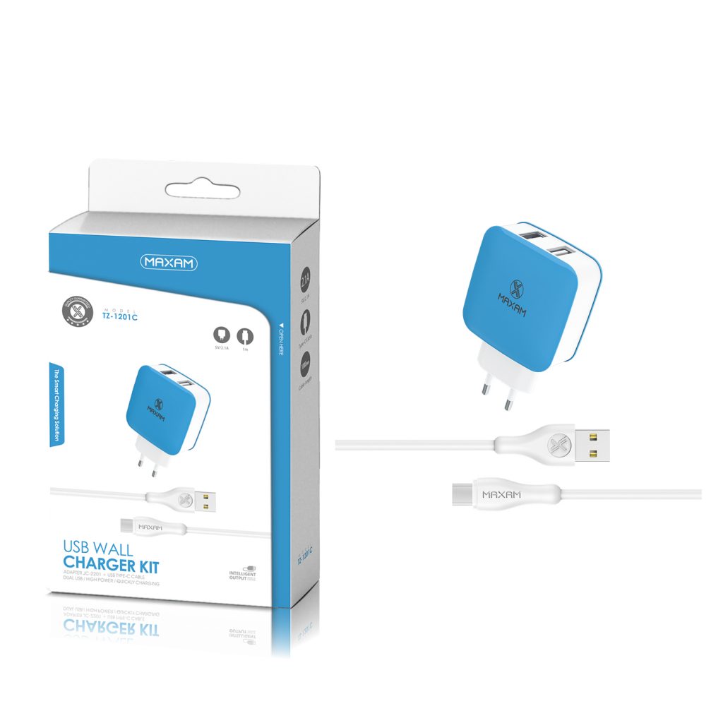 TZ-1201C White&Blue 2USB/2.1A 1M TYPE C WALL CHARGER PACK – maxam